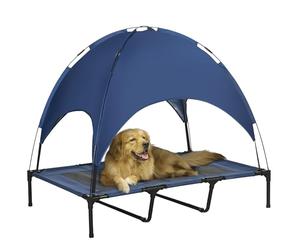 PawHut Lit surélevé pour Chien avec baldaquin, lit pour Animaux domestiques, lit pour Chien à l'extérieur avec Toit, Respirant, Tissu Taffetas pour Camping Bleu foncé 122 x 92 x 108 cm