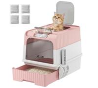 PawHut Litière Chat avec Couvercle, tiroir amov., Pelle, intimité, Rose | Litière fermée, 4 sachets désodorisants, entrée avant et sortie supérieure, contrôle des odeurs, facile à nettoyer