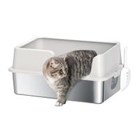 PawHut Litière pour Chat, bac à litière pour Chat en Acier Inoxydable avec côtés Hauts, Pelle, Nettoyage Facile, résistant aux odeurs, 60 x 40 x 28 cm, Gris Clair