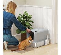 PawHut Litière pour chat, Bac en acier inoxydable, Filtre, Pelle, pour chats jusqu'à 6 kg, 40,5 x 60,5 x 41,5 cm, Gris/Argent