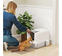 PawHut Litière pour chat, Bac en Acier Inoxydable, Filtre, Pelle, pour Chats jusqu'à 6 kg, 40,5 x 60,5 x 41,5 cm, Blanc/Argent