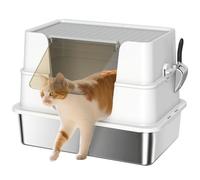 PawHut Litière pour chat en acier inoxydable avec couvercle, taille XL, avec pelle, pédale, facile à nettoyer, résistante aux odeurs, pour grands chats jusqu'à 15 kg, 60,2 x 40,2 x 44,5 cm, gris clair