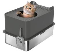 PawHut Litière pour chat en acier inoxydable, extra large, avec pelle, entrée supérieure, patins antidérapants, facile à nettoyer et n'absorbe pas les odeurs, gris foncé