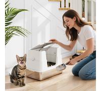 PawHut Litière pour Chat en Acier Inoxydable XL avec Couvercle Relevable Entrées Hautes Pelle Facile à Nettoyer Anti-Fuites Gris Clair