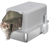 PawHut litière pour chats, bac à litière avec couvercle, bac en acier inoxydable, filtre à litière intégré, pelle à litière incluse, pour chats jusqu'à 6 kg, gris