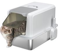 PawHut litière pour chats, bac à litière avec couvercle, bac en acier inoxydable, filtre à litière intégré, pelle à litière incluse, pour chats jusqu'à 6 kg, blanc