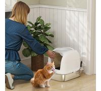 PawHut Litière pour Chats en Acier Inoxydable XL avec Couvercle Abattant Côtés Hauts Entrée Supérieure Pelle Blanc