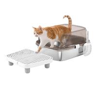 PawHut Litière pour chats extra large avec plateau en acier inoxydable, bords hauts, pelle, échelon, zone de chute de sable sans odeur, nettoyage facile, gris