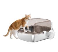PawHut Litière pour chats extra large avec plateau en acier inoxydable, bords hauts, pelle et zone pour chute de sable sans odeur, nettoyage facile, gris