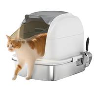PawHut Litière pour chats XL en acier inoxydable avec couvercle rabattable, côtés hauts, entrée supérieure, pelle, sans odeur, facile à nettoyer, anti-fuite, blanc