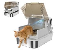 PawHut Litière XXL en acier inoxydable pour grands chats, litière avec couvercle rabattable, côtés hauts, entrée supérieure, pelle, sans odeur, facile à nettoyer, anti-fuite, gris