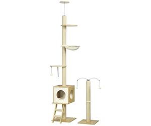 PawHut Lot de 2 Arbres à Chat Sol au Plafond Hauteur réglable 225-285 cm 4 Niveaux - Niche, hamac, échelle, Jeux - Beige