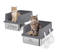 PawHut Lot de 2 bacs à litière XL en Acier Inoxydable, Bords Hauts, Semi-fermés, avec pelles, Anti-fuites, pour Grands Chats et foyers Multi-Chats
