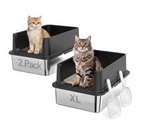PawHut Lot de 2 bacs à litière XL en Acier Inoxydable, Grand modèle à Bords Hauts pour Grands Chats et foyers Multi-Chats, Semi-fermés avec pelles, Anti-fuites d’Urine