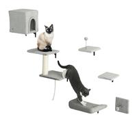 PawHut Lot de 6 étagères murales pour chat avec niche, plateformes, griffoir en sisal, lit et balle de jouet, pour l'escalade, le sommeil, le jeu, gris