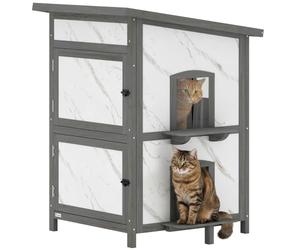 PawHut Maison Chat Bois 2 étages extérieure avec fenêtre Blanc 60x60x88cm | Portes multiples, maison isolée, toit résistant à l'eau, niche extérieure, caisse chat