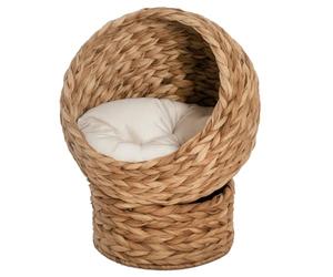 PawHut Maison Chat en Osier, lit surélevé, 40x37x51 cm Marron | Base cylindrique, coussin doux lavable, panier en jacinthe d'eau tressé pour chat pour intérieur et extérieur
