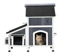 PawHut Maison Chat extérieure en Bois Pot Fleurs fenêtres - Gris | Entrées multiples, toit résistant à l'eau
