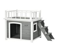 PawHut Maison Chien à Balcon pour Grands Chiens Gris Clair 121x77x78 cm | Maison surélevée pour animaux avec escalier, fenêtre, niche, bois de sapin, extérieur.