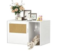 PawHut Maison de Toilette Chat, Meuble litière pour Chat, Tapis griffoir, Porte avec poignées, Style bohème, Patins antidérapants, Table d'appoint, Blanc