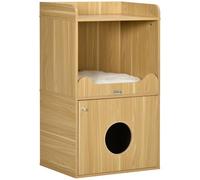 PawHut Maison de Toilette pour Chat, Meuble litière Chat, Armoire de Rangement, 3 Niveaux, Compartiment fermé par Une Porte, 1 Coussin, 60 x 45 x 103 cm