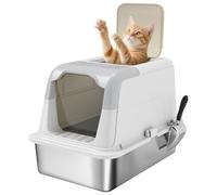 PawHut Maison de Toilette pour Chat, bac à litière fermé, bac en Acier Inoxydable, Anti-Traces, Anti-fuites, Nettoyage Facile, pour Grand Chat, Charge 7 kg, 60,4 x 40,4 x 41,8 cm, Blanc et Gris