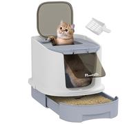 PawHut Maison de Toilette pour Chat, bac à litière fermé Chat avec Pelle, Porte translucide, 2 Options d'entrée et de Sortie et 2 Sacs de désodorisation, Gris