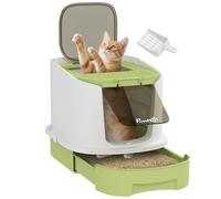 PawHut Maison de Toilette pour Chat, bac à litière fermé Chat avec Pelle, Porte translucide, 2 Options d'entrée et de Sortie et 2 Sacs de désodorisation, Vert