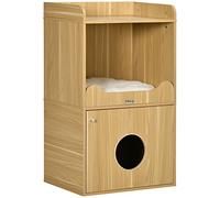 PawHut Maison de Toilette pour Chat, Meuble litière Chat, Armoire de Rangement, 3 Niveaux, Compartiment fermé par Une Porte, 1 Coussin, 60 x 45 x 103 cm