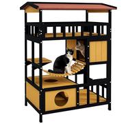 PawHut maison en bois pour chats Cave à chats avec plates-formes, pont suspendu, niche pour jusqu'à 2 chats, intérieur et extérieur, jaune