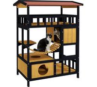 PawHut maison en bois pour chats Cave à chats avec plates-formes, pont suspendu, niche pour jusqu'à 2 chats, intérieur et extérieur, jaune