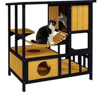 PawHut maison en bois pour chats grotte pour chats villa extérieure, niche en bois pour chats niche pour chats avec pont suspendu, toit, pour 1-2 chats jusqu'à 5 kg, jaune
