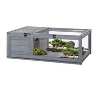 PawHut Maison enclos Cage Habitat pour Petit Animal Tortues avec 2 espaces 91 x 60,5 x 32 cm Bois Massif Gris