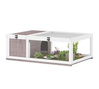 PawHut Maison enclos Cage Habitat pour Petit Animal Tortues avec 2 espaces 91 x 60,5 x 32 cm Bois Massif Marron Clair