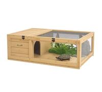 PawHut Maison enclos Cage Habitat pour Petit Animal Tortues avec 2 espaces 91 x 60,5 x 32 cm Bois Massif Jaune Clair