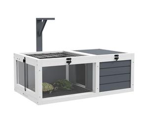 PawHut Maison enclos Cage pour Petit Animal Tortue avec 2 espaces, Support de Lampe 2 Plateaux coulissants, 81 x 48 x 31,5 cm - Bois Massif Gris