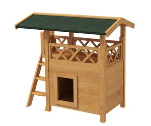 PawHut Maison lodge pour chats sauvage errants avec terrasse escalier 77 x 50 x 73 cm bois naturel et vert