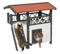 PawHut Maison Lodge pour Chats Sauvage errants - Niche Villa avec terrasse, escalier, Toit pour Chat - 77 x 50 x 73 cm - Blanc et Rouge