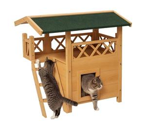 PawHut Maison Lodge pour Chats Sauvage errants - Niche Villa avec terrasse, escalier, Toit pour Chat - 77 x 50 x 73 cm - Bois Naturel et Vert