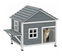 PawHut Maison pour chat en bois, 2 étages, pour l'extérieur, avec toit imperméable rabattable, base surélevée, plate-forme latérale, fenêtre, pour 1 à 2 chats jusqu'à 5 kg, 101 x 72,5 x 81 cm, gris