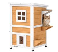 PawHut Maison pour Chat en Bois avec 3 Portes et 1 fenêtre, Jaune | Refuge d'extérieur à 2 niveaux pour chaton