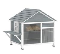 PawHut Maison pour Chat en Bois Toit Ouvrant Fenêtre 101x72,5x81cm Gris | Résistant aux Intempéries, Niche Chat Extérieur, Porte à Lamelles, Plateforme, Grande Villa Double Étage