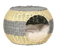 PawHut Maison pour Chat en Osier, lit surélevé en rotin avec Coussin Doux, Φ40 x 30 cm