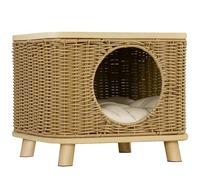 PawHut Maison pour chat en osier, panier surélevé en rotin avec coussin doux lavable, trou de porte, pour chats et chatons, marron clair