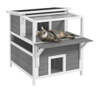 PawHut Maison pour Chat Extérieur à 2 Étages Balcon 64 x 87 x 76 cm Gris | Niche pour Chat, Cabane pour Chat Résistant aux Intempéries, Porte, Toit Ouvert, Panneau et Plancher Amovibles