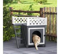 PawHut Maison pour chat niche pour chat à 2 étages avec balcon escaliers en bois massif 67,5 x 63 x 68,5 cm gris