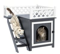 PawHut Maison pour chat, niche pour chat extérieure à 2 étages, avec balcon, escaliers, pour l'intérieur et l'extérieur, en bois massif, 67,5 x 63 x 68,5 cm, gris Descriptions Longues:Explorez la mais
