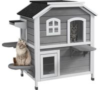 PawHut maison pour chats avec toit en asphalte, niche pour chats d'extérieur avec escaliers, villa pour chats à 2 étages, imperméable, jardin, bois de sapin, gris, 78 x 55,5 x 91 cm