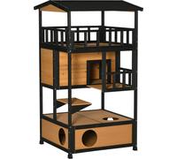 PawHut maison pour chats, bois de sapin, niche pour chats pour l'extérieur avec terrasse, grotte pour chats, 4 étages, villa pour chats avec escalier, toit en asphalte, résistant à l'hiver, petits ani