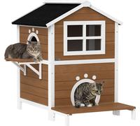 PawHut maison pour chats en bois avec fenêtre, balcon, résistant aux intempéries niche pour chats avec 2 niveaux, fond amovible, pour 1-2 chats, intérieur, extérieur, 66 x 66 x 90 cm, brun